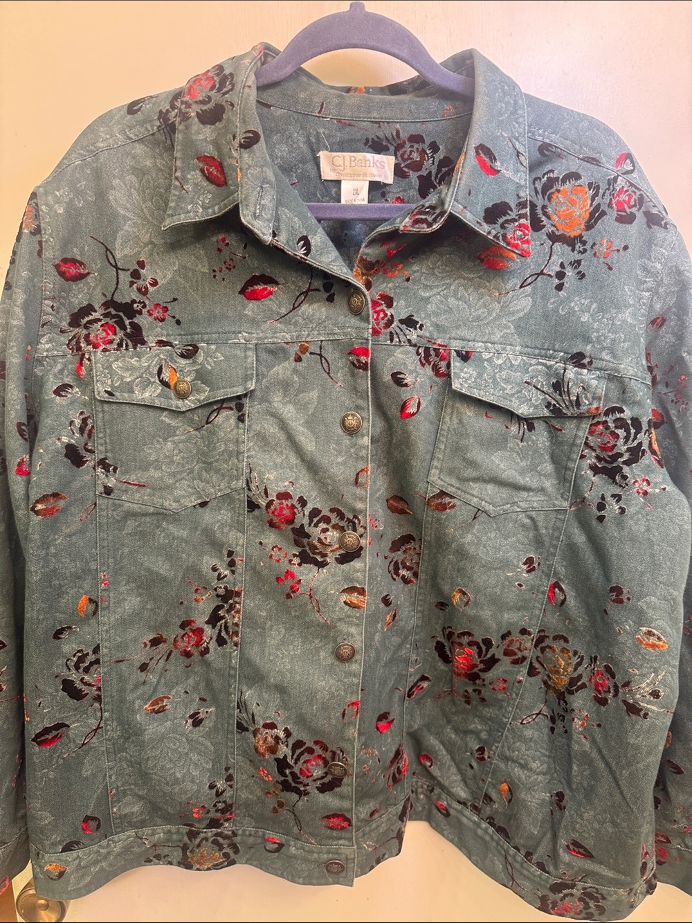 CJ Banks Teal Floral Jean Jacket with Red and Orange Accents